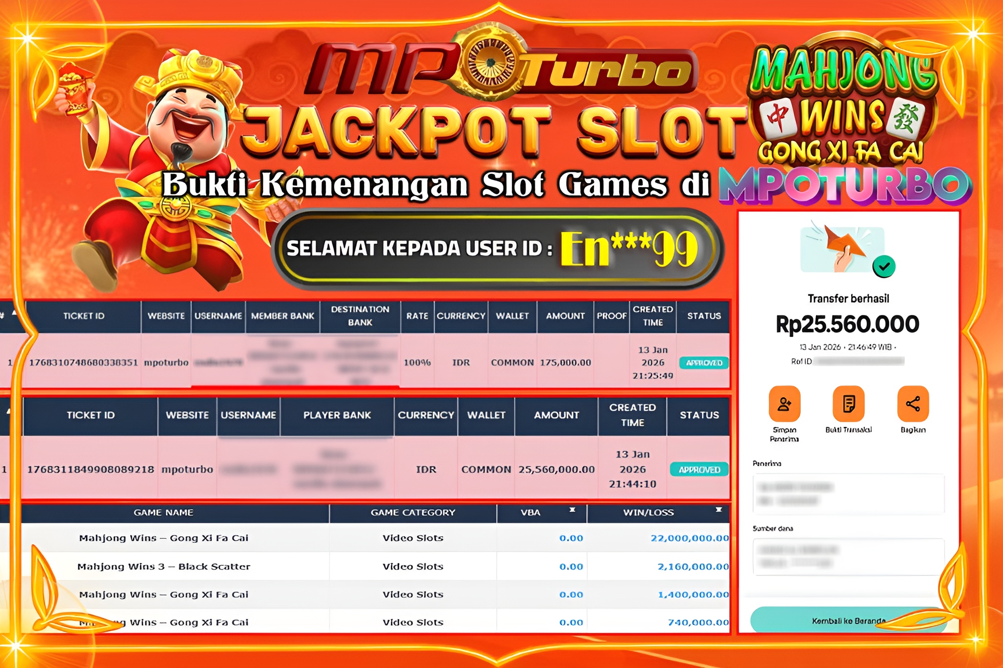 MPOTURBO JACKPOT MAHJONG WINS GONG XI FA CAI Rp 25,560,000.00,- LUNAS